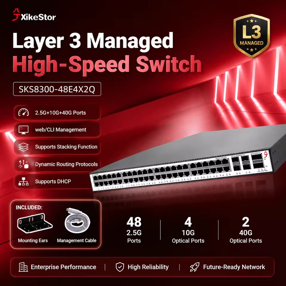 XikeStor SKS8310-48E4X2Q 48ポート 2.5G RJ45 レイヤー3 マネージドスイッチ 4x10G SFP+ 2x40G