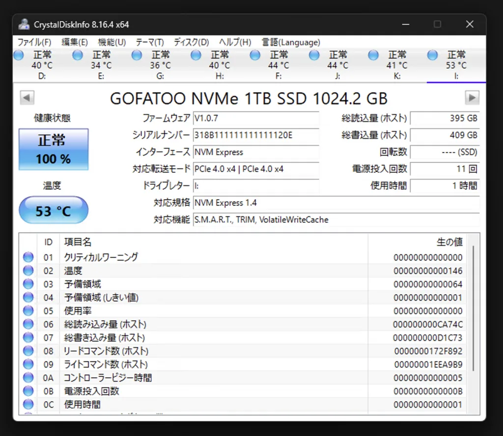 CrystalDiskInfo の表示。GOFATOO NVMe 1TB SSD 1024.2GB、健康状態 100%、電源投入 11 回、使用時間 1 時間