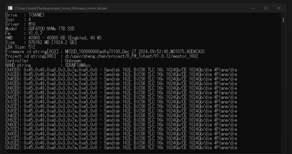 maxio_nvme_fid の出力。NAND は SanDisk 162L BiCS6 TLC、コントローラは Unknown 表示