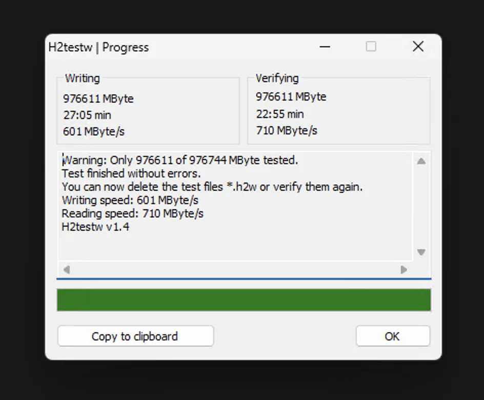 H2testw の結果。976,611MByte を書き込み・検証してエラーなし